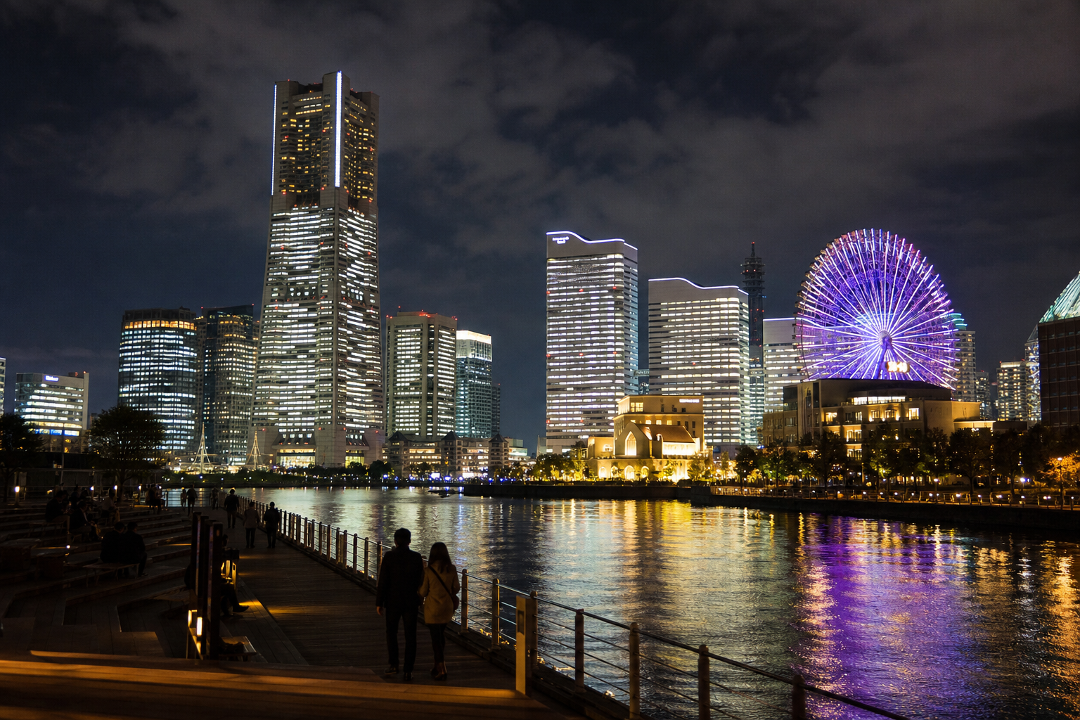 横浜みなとみらいの観覧車と港の夜景